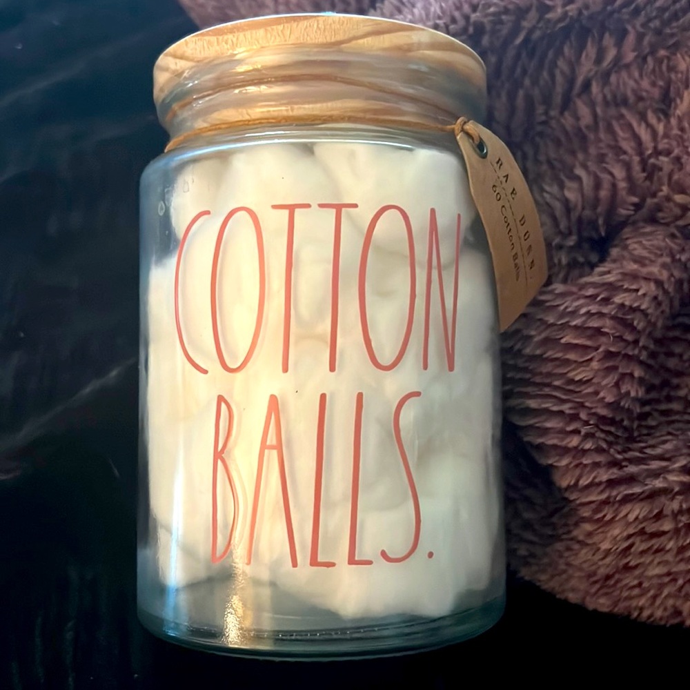 Rae Dunn glass cotton ball container filled with cotton balls